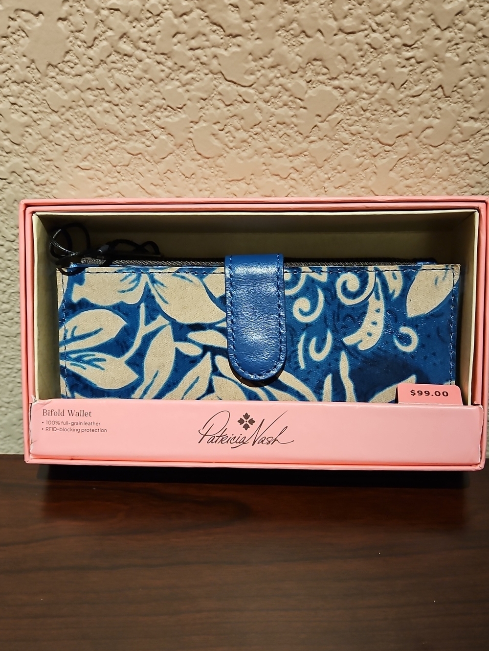 Patricia Nash Bifold Wallet - Blue Greek Floral